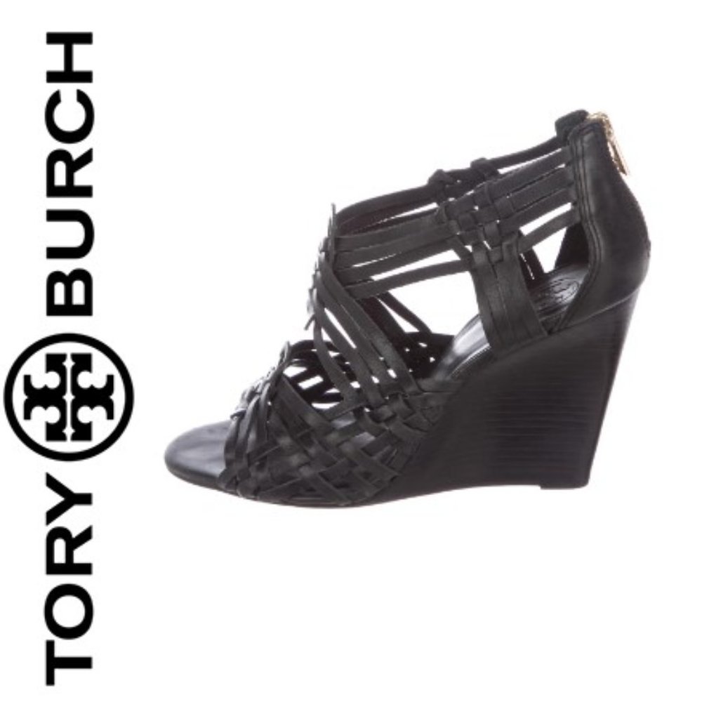 TORY BURCH BLACK WOVEN Criss Cross Leather Wedge GOLD Zipper Sandal! Size 8.5!